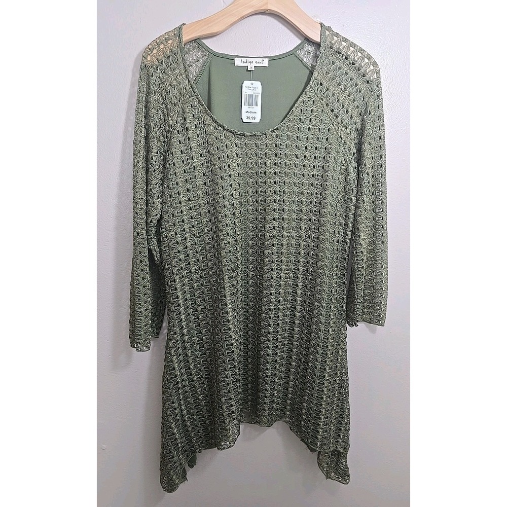 Indigo Soul Hv Olive Sqggl Lc Tunic Top - Womens Medium Lace Boho  *NWT *
